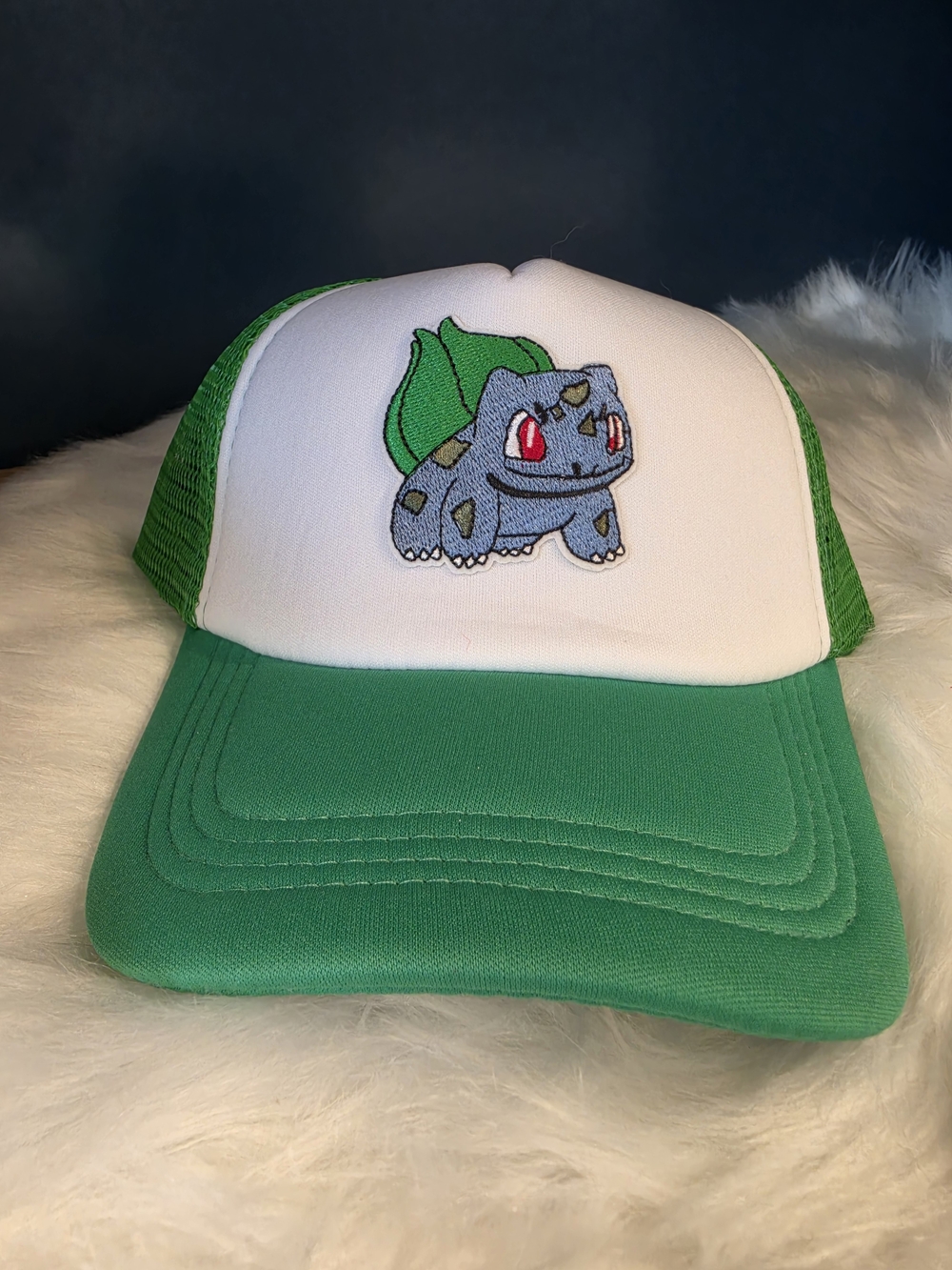 90s Inspired Woman's Green & White Trucker Hat Featuring Bulbasaur From Pokemon